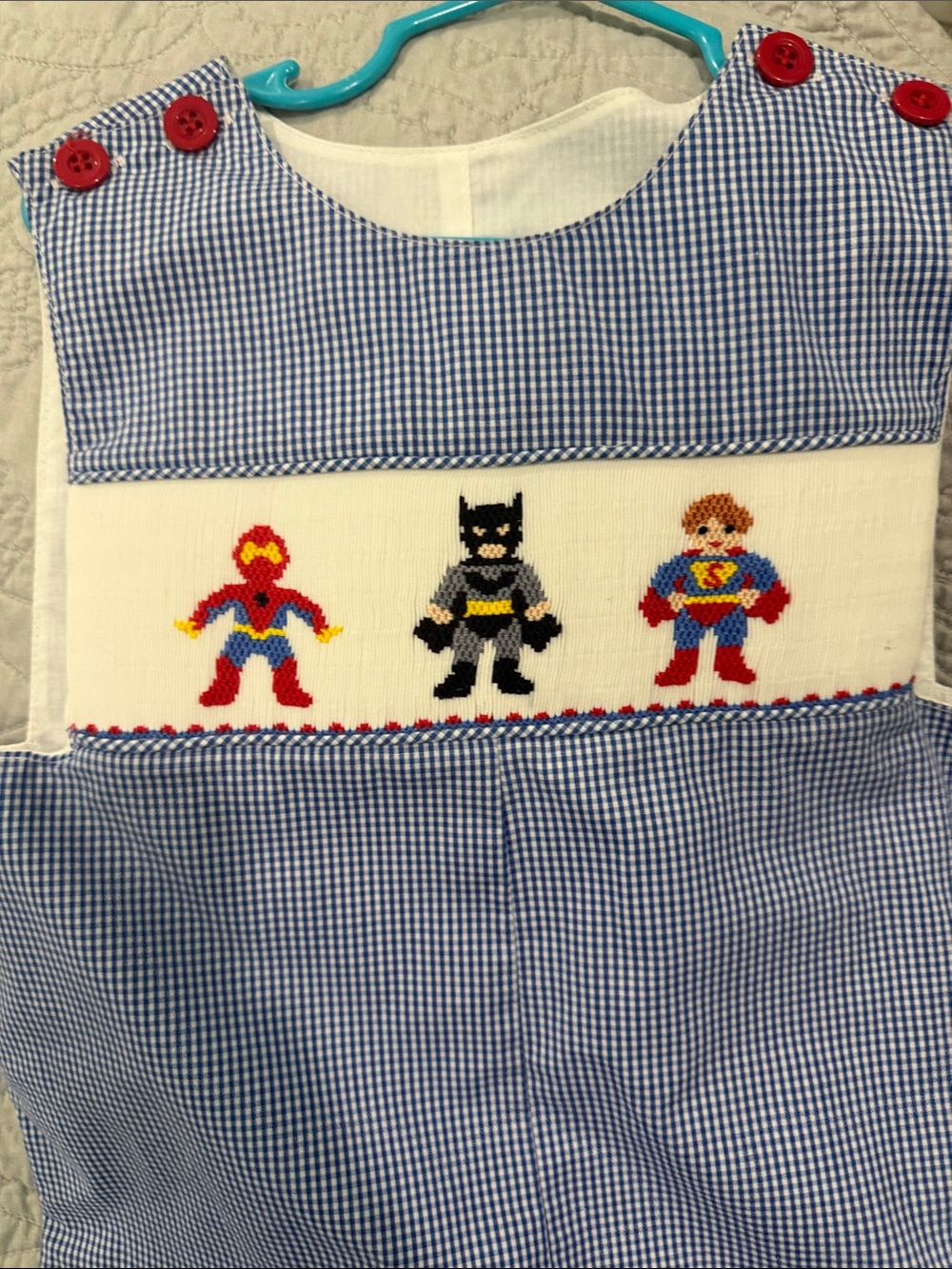 Blue Gingham Kids Superhero Smocked Dress with Red Button Details
